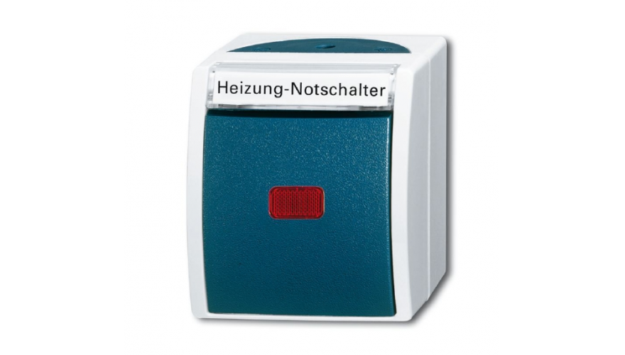 Переключатель 1-клавишный, контрольный, с красной линзой, с маркировкой Heizung-Notschalter, IP44, для открытого монтажа, серия ocea0